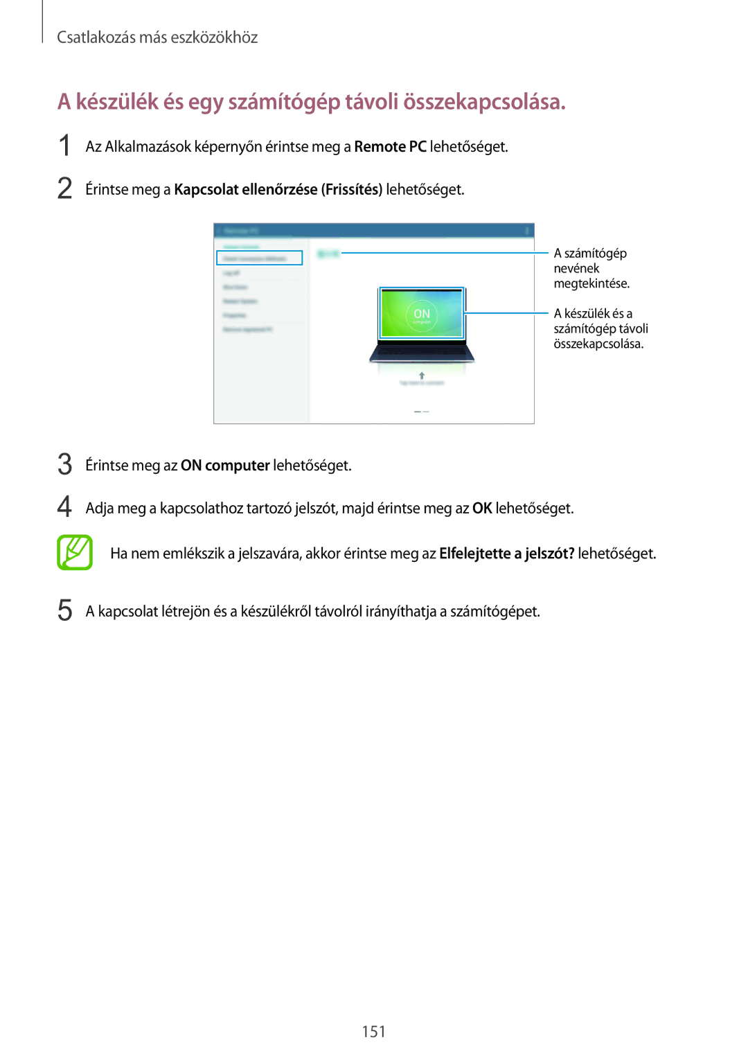 Samsung SM-T805NZWAXEH manual Készülék és egy számítógép távoli összekapcsolása 