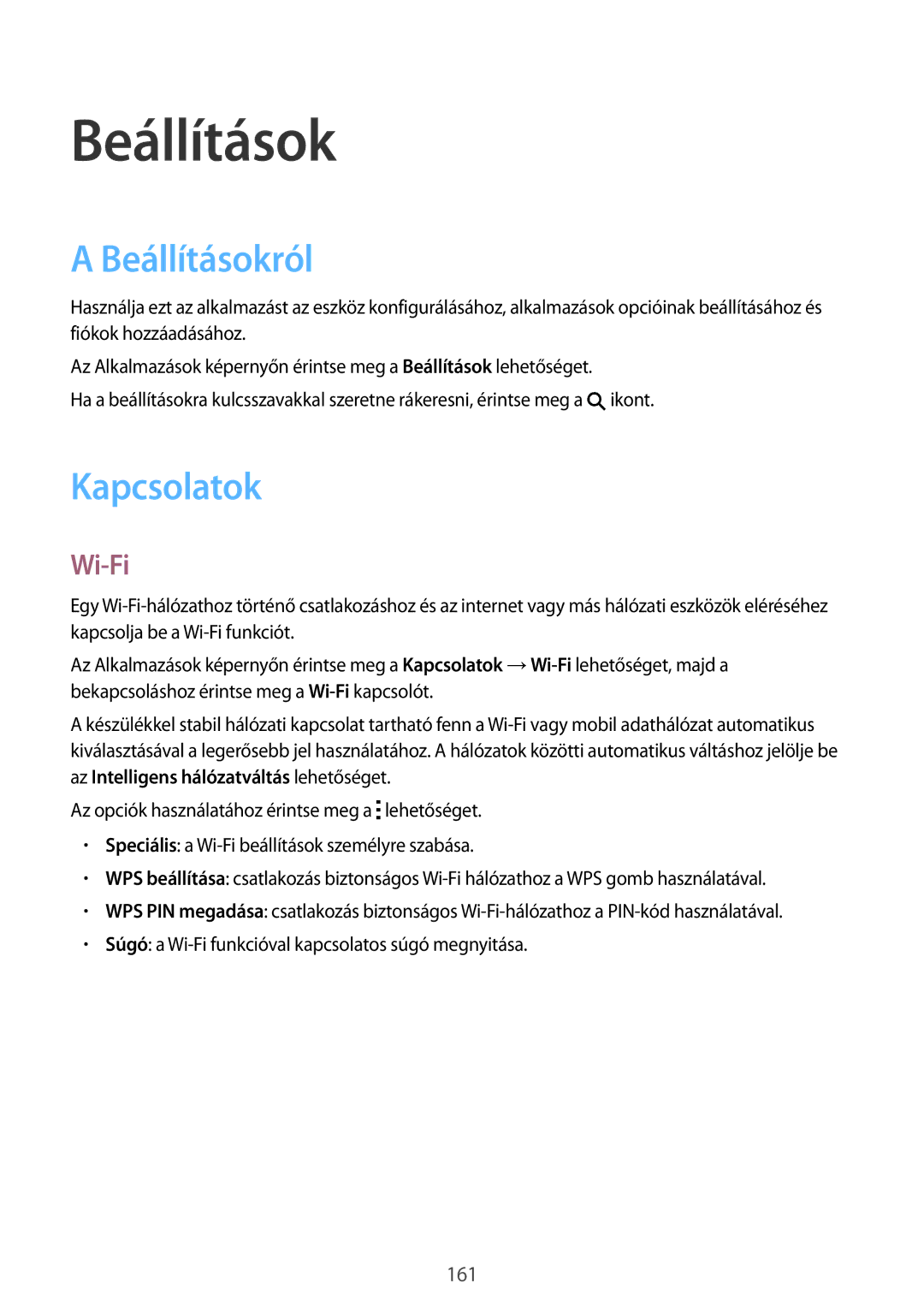 Samsung SM-T805NZWAXEH manual Beállításokról, Kapcsolatok, Wi-Fi 