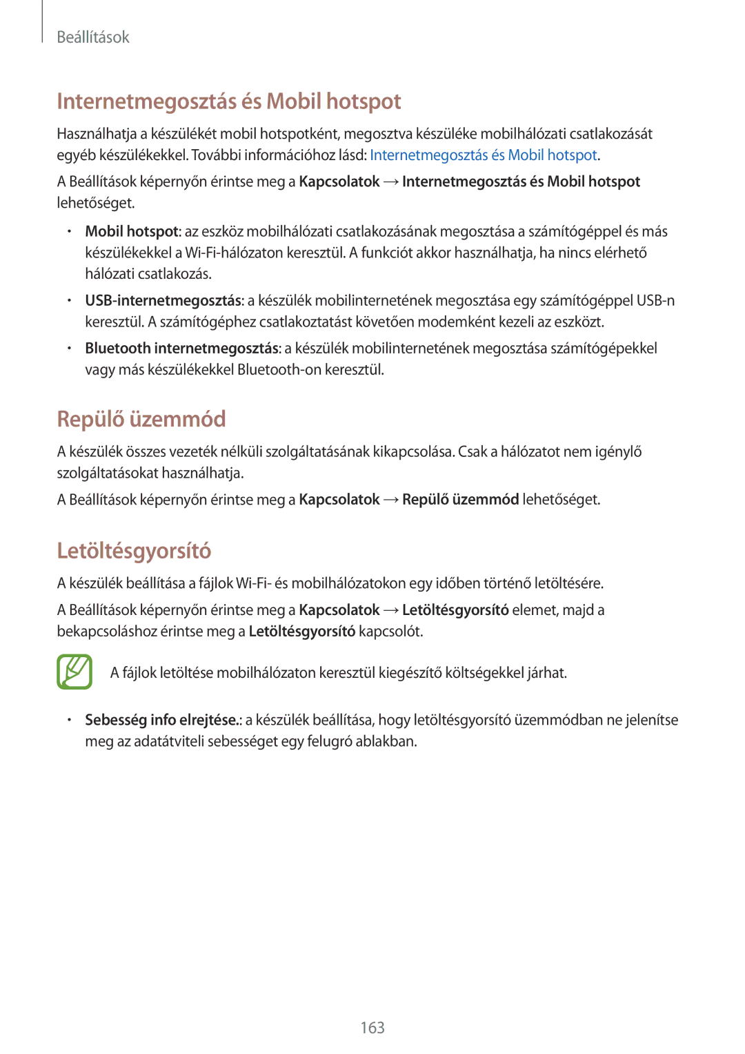 Samsung SM-T805NZWAXEH manual Internetmegosztás és Mobil hotspot, Repülő üzemmód, Letöltésgyorsító 