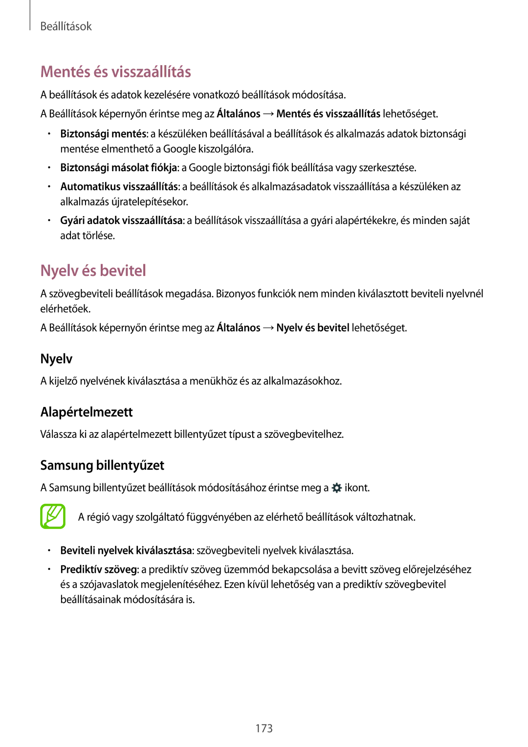 Samsung SM-T805NZWAXEH manual Mentés és visszaállítás, Nyelv és bevitel, Alapértelmezett, Samsung billentyűzet 