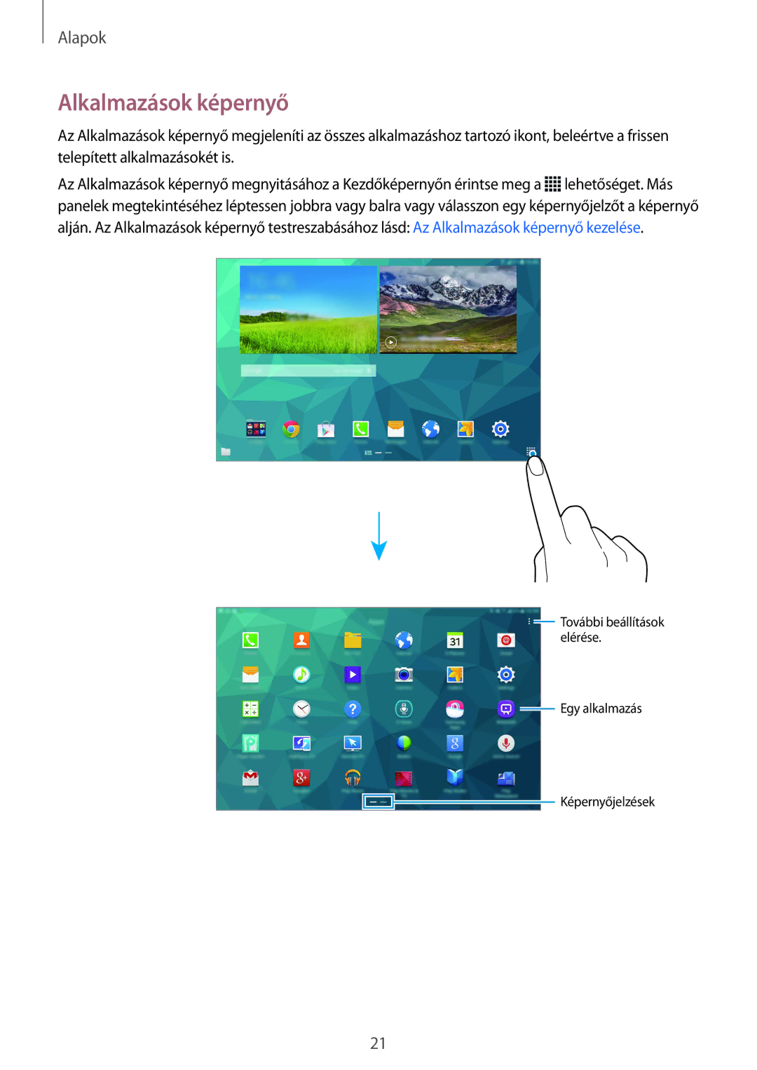 Samsung SM-T805NZWAXEH manual Alkalmazások képernyő 