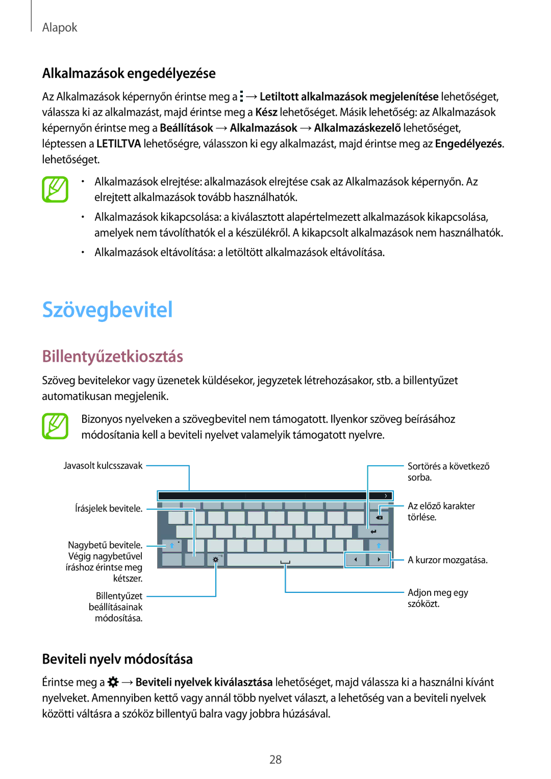 Samsung SM-T805NZWAXEH manual Szövegbevitel, Billentyűzetkiosztás, Alkalmazások engedélyezése, Beviteli nyelv módosítása 