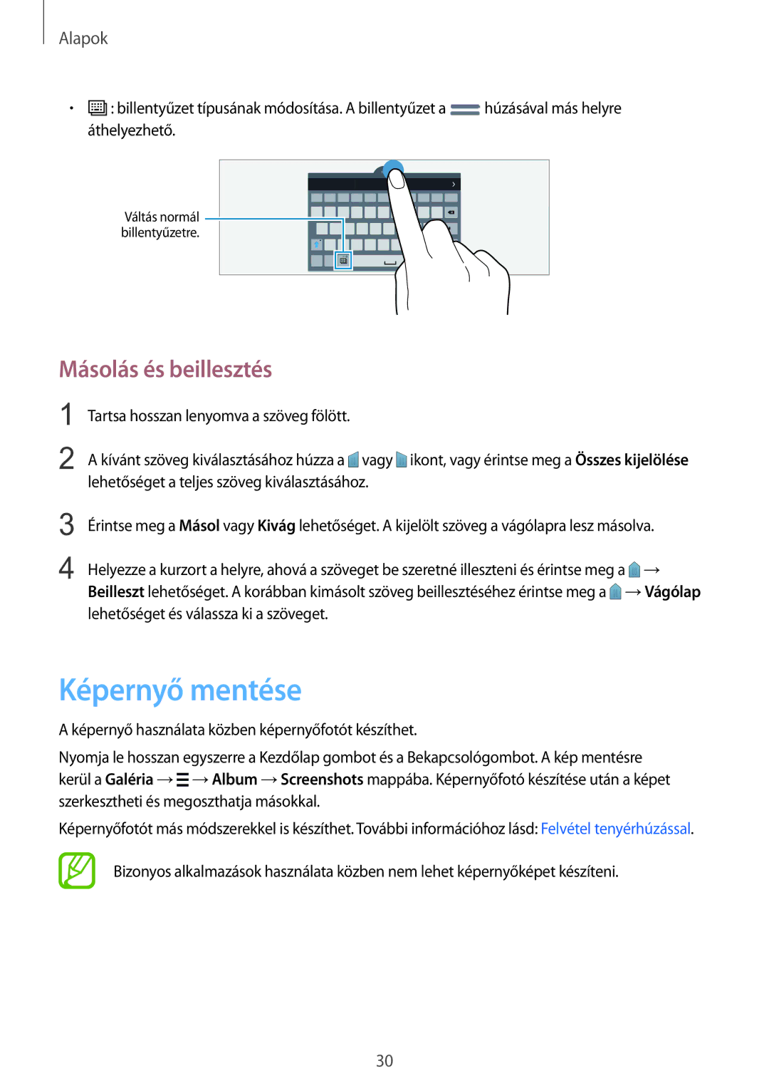 Samsung SM-T805NZWAXEH manual Képernyő mentése, Másolás és beillesztés 