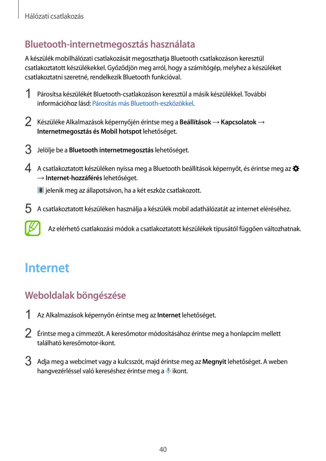 Samsung SM-T805NZWAXEH manual Internet, Bluetooth-internetmegosztás használata, Weboldalak böngészése 