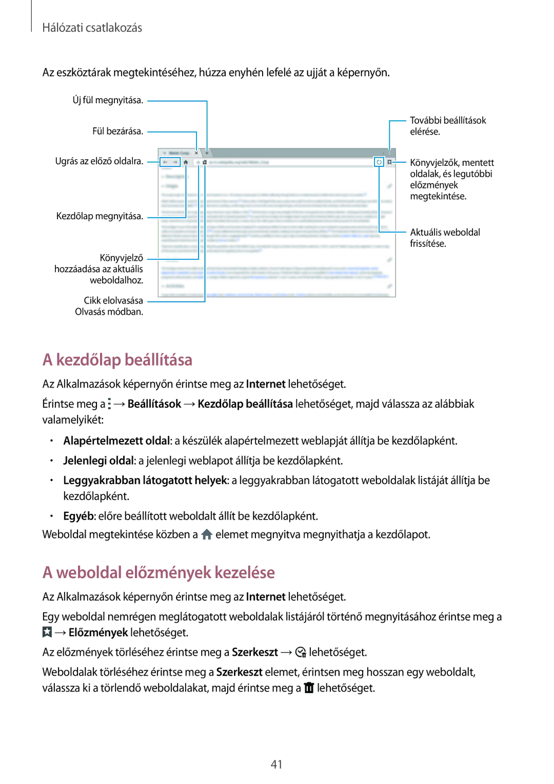 Samsung SM-T805NZWAXEH manual Kezdőlap beállítása, Weboldal előzmények kezelése 
