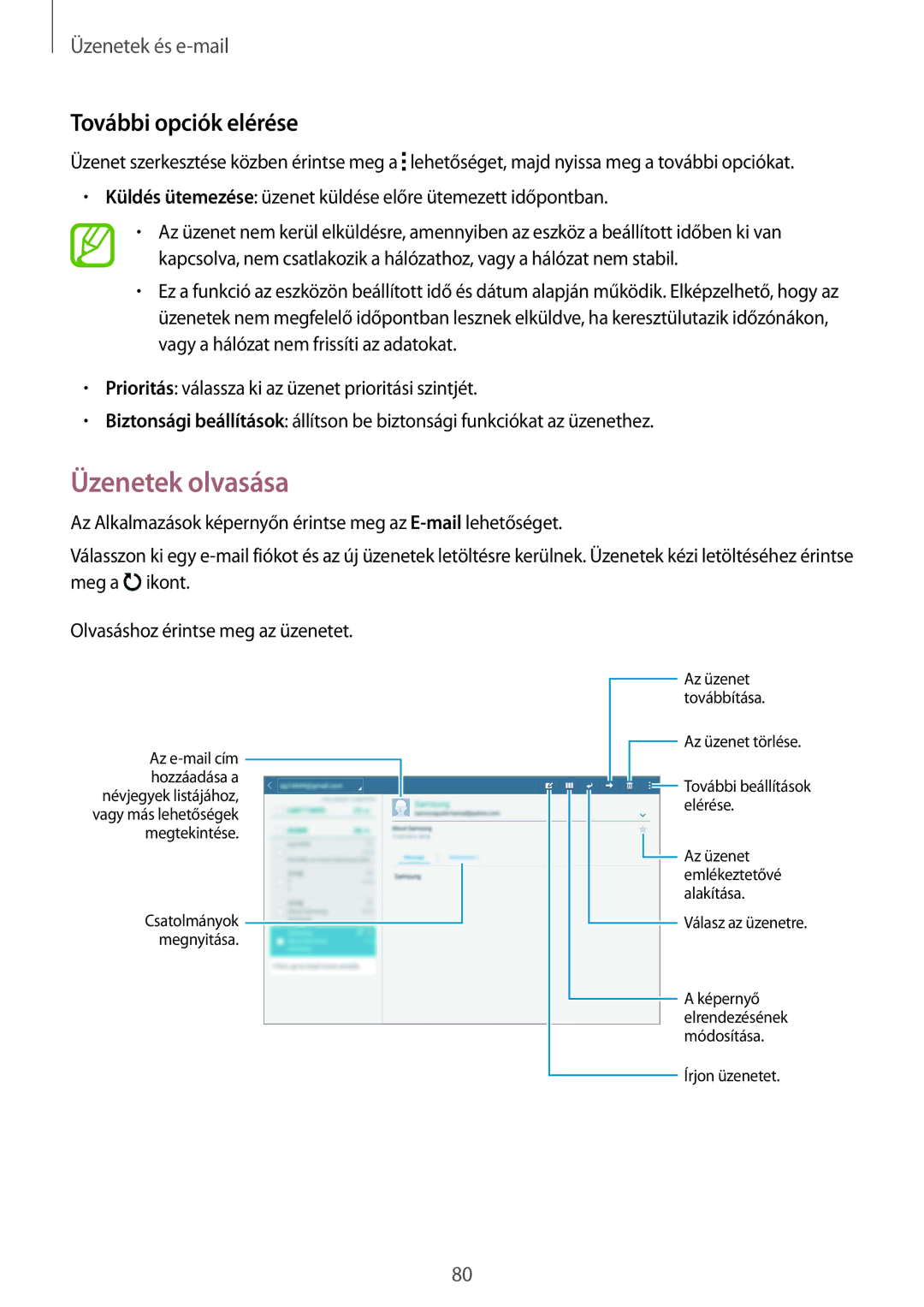 Samsung SM-T805NZWAXEH manual Üzenetek olvasása, További opciók elérése 