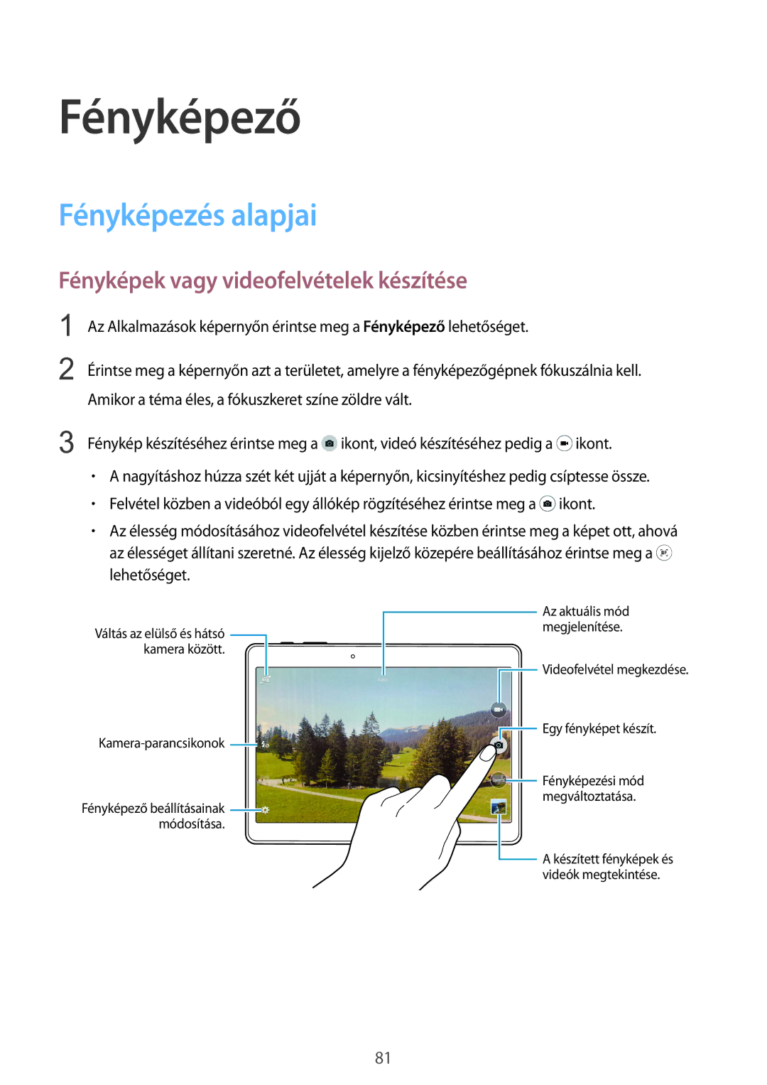 Samsung SM-T805NZWAXEH manual Fényképező, Fényképezés alapjai, Fényképek vagy videofelvételek készítése 