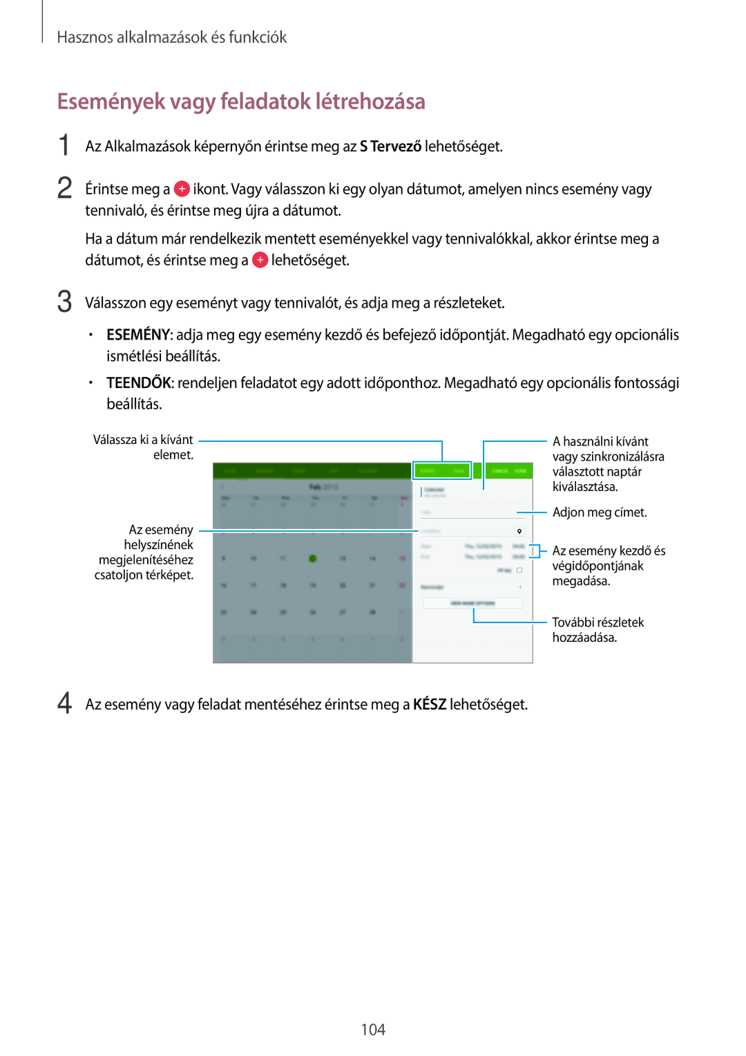 Samsung SM-T805NZWAXEH manual Események vagy feladatok létrehozása 