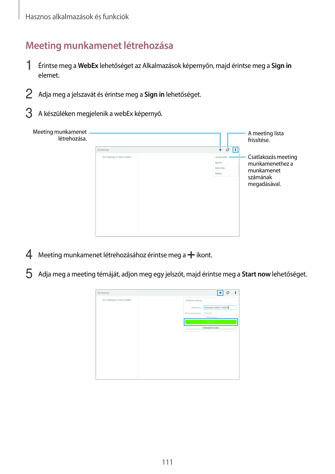 Samsung SM-T805NZWAXEH manual Meeting munkamenet létrehozása 