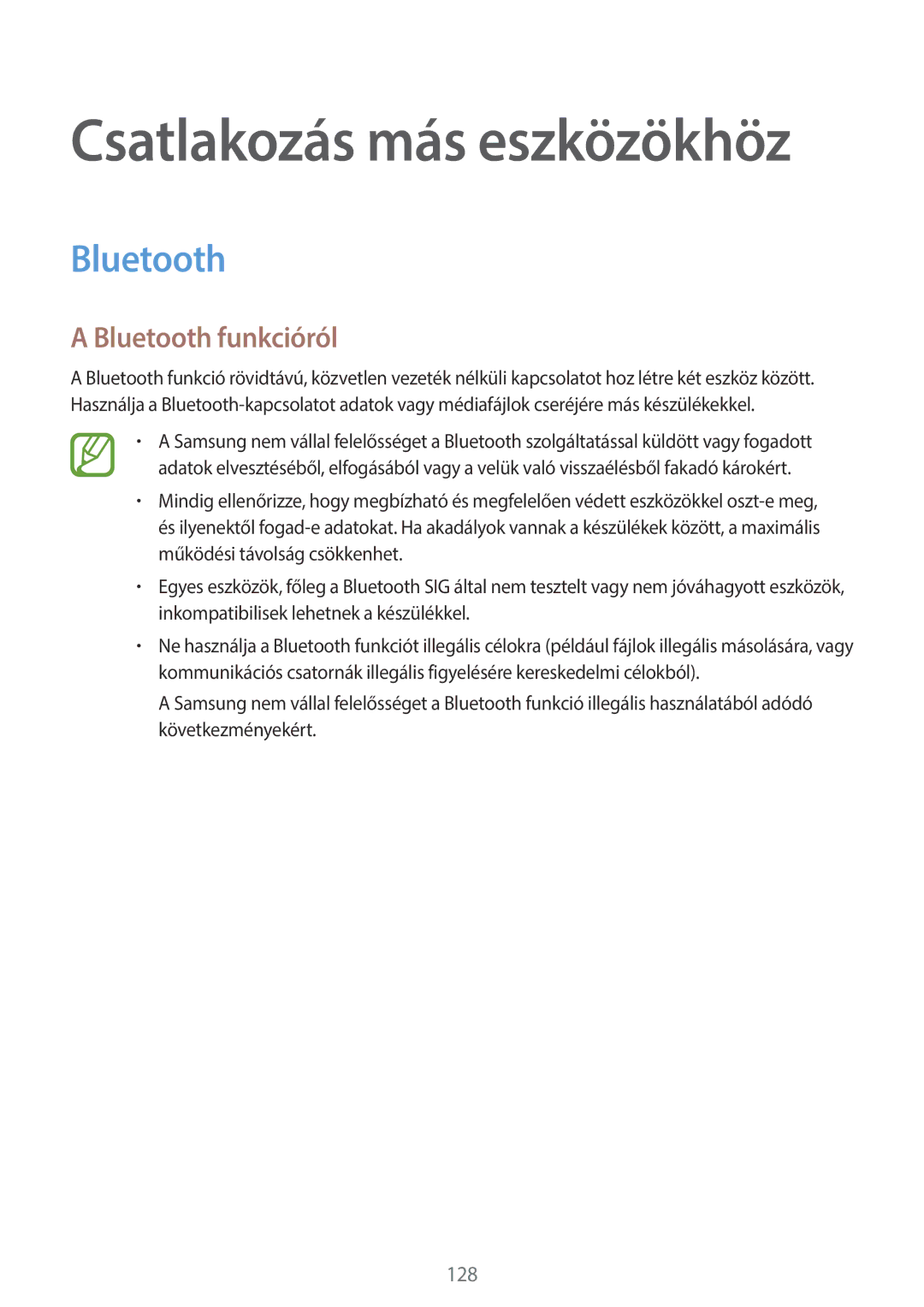 Samsung SM-T805NZWAXEH manual Bluetooth funkcióról 