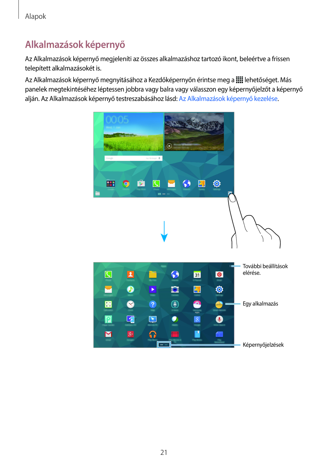 Samsung SM-T805NZWAXEH manual Alkalmazások képernyő 