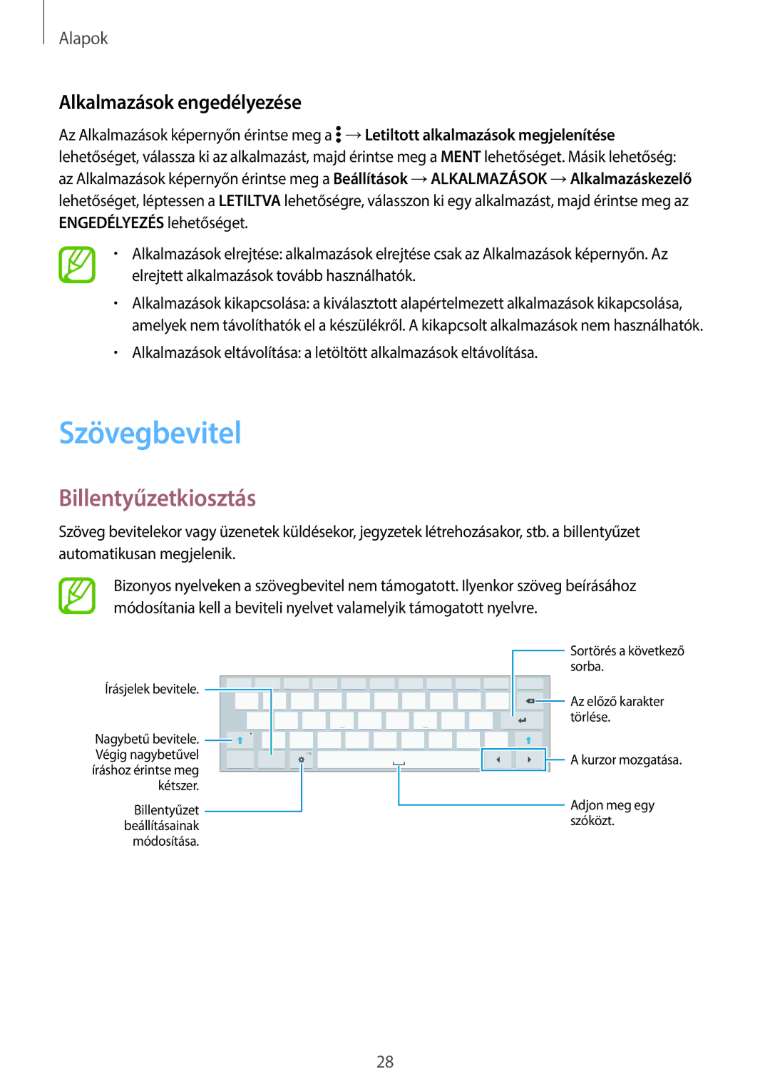 Samsung SM-T805NZWAXEH manual Szövegbevitel, Billentyűzetkiosztás, Alkalmazások engedélyezése 