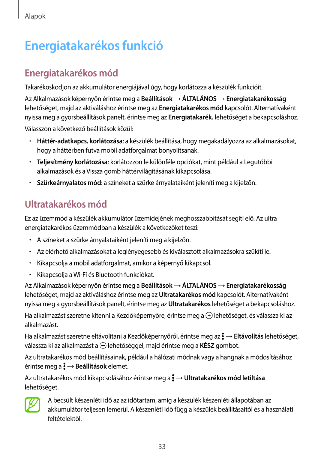 Samsung SM-T805NZWAXEH manual Energiatakarékos funkció, Energiatakarékos mód, Ultratakarékos mód 