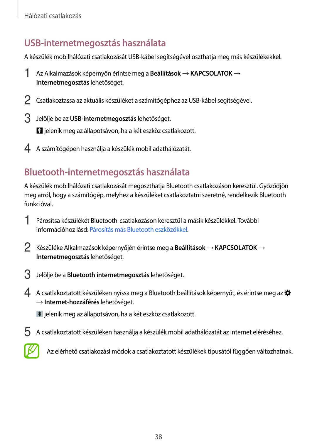 Samsung SM-T805NZWAXEH manual USB-internetmegosztás használata, Bluetooth-internetmegosztás használata 