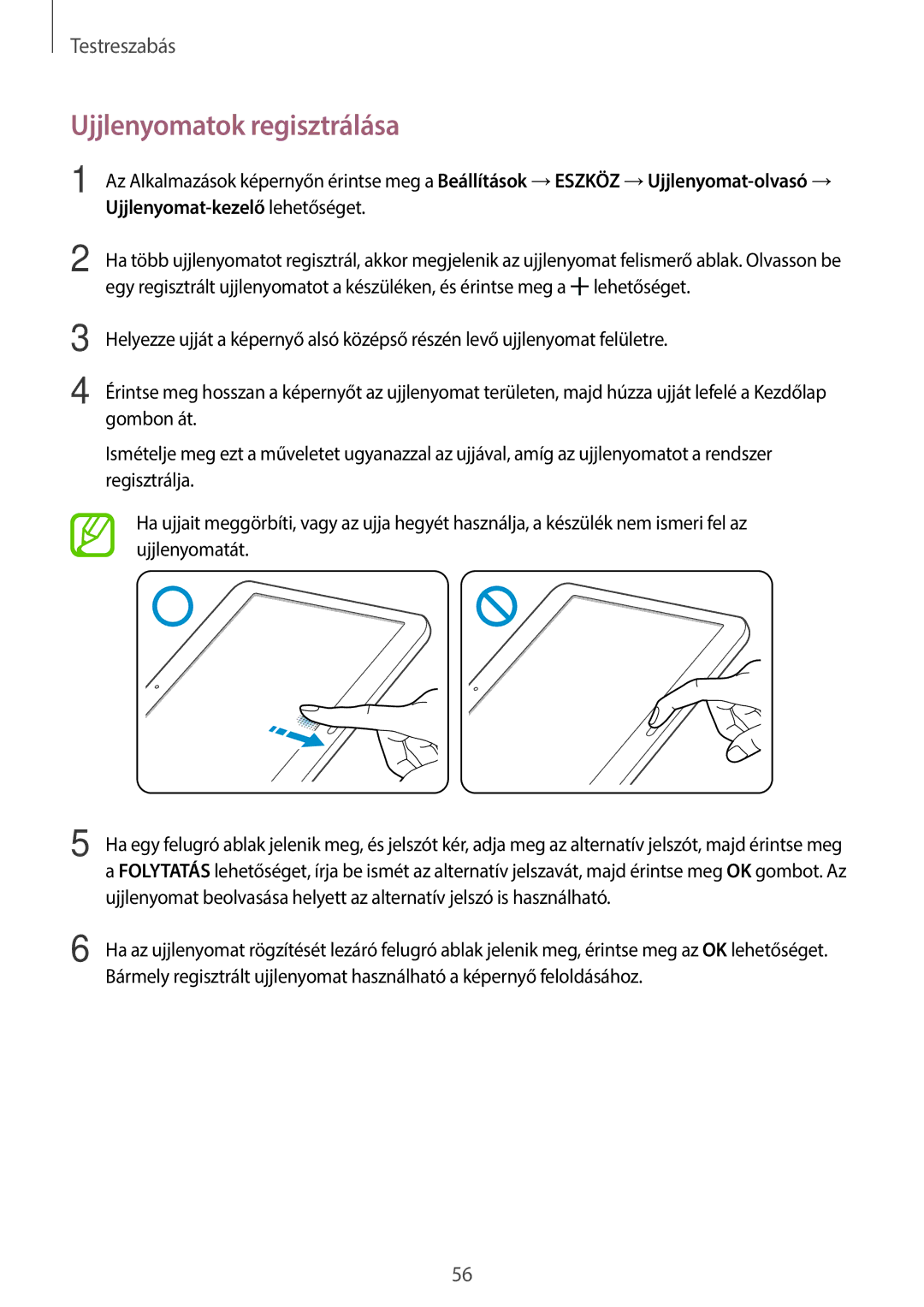 Samsung SM-T805NZWAXEH manual Ujjlenyomatok regisztrálása 