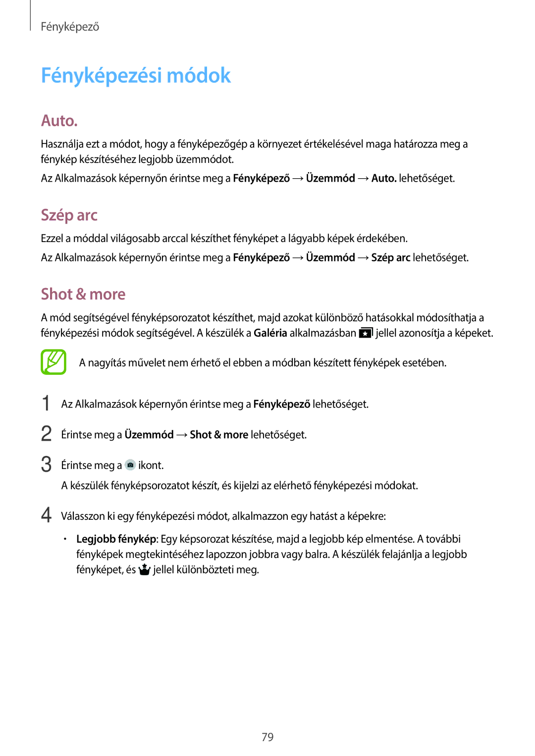 Samsung SM-T805NZWAXEH manual Fényképezési módok, Auto, Szép arc, Shot & more 