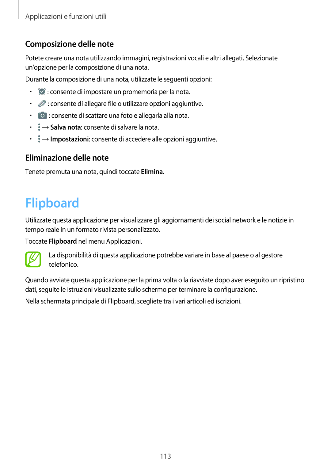 Samsung SM-T805NZWAITV, SM-T805NZWAXEO, SM-T705NZWAXEO manual Flipboard, Composizione delle note, Eliminazione delle note 