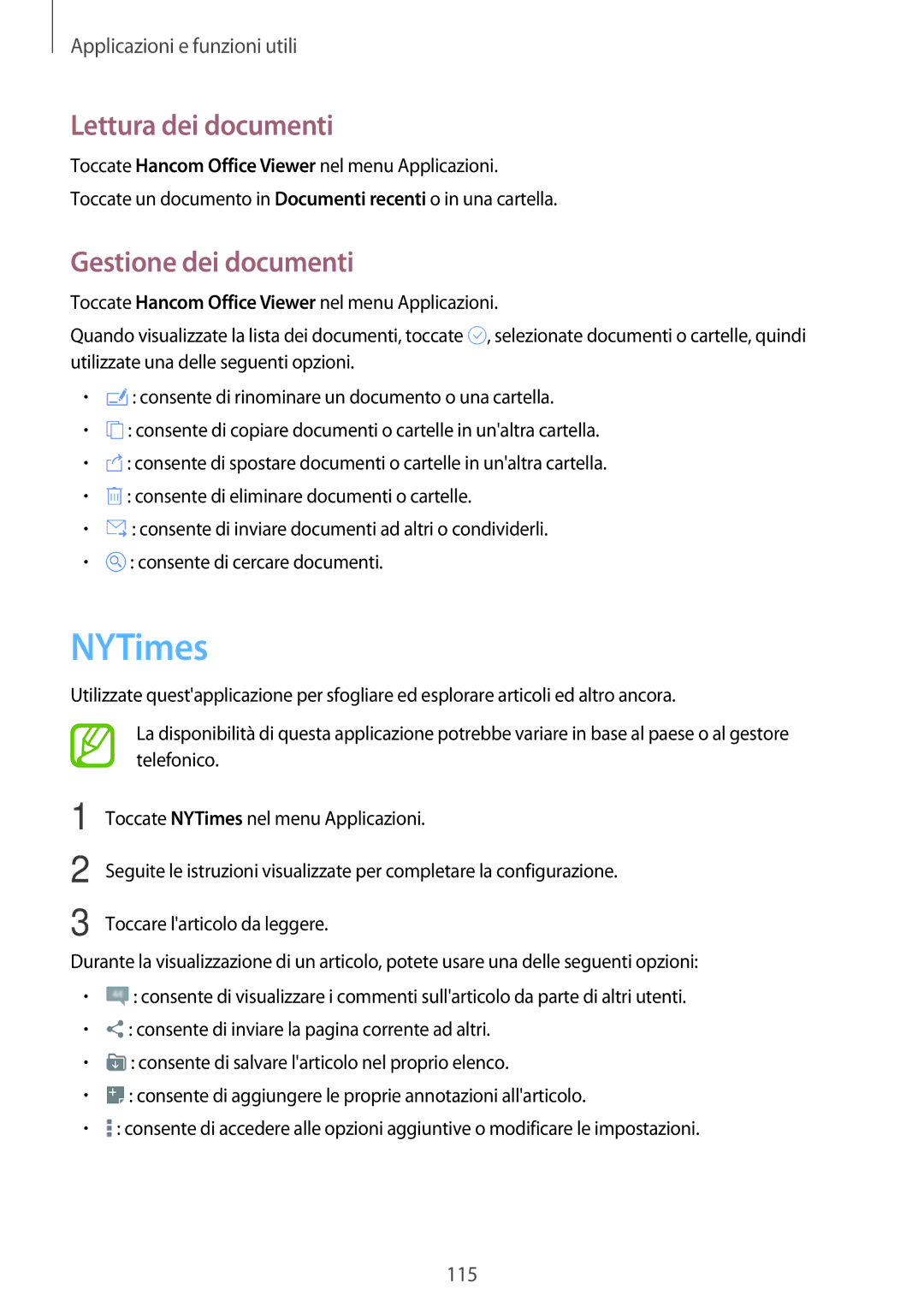 Samsung SM-T705NTSAITV, SM-T805NZWAXEO, SM-T705NZWAXEO manual NYTimes, Lettura dei documenti, Gestione dei documenti 