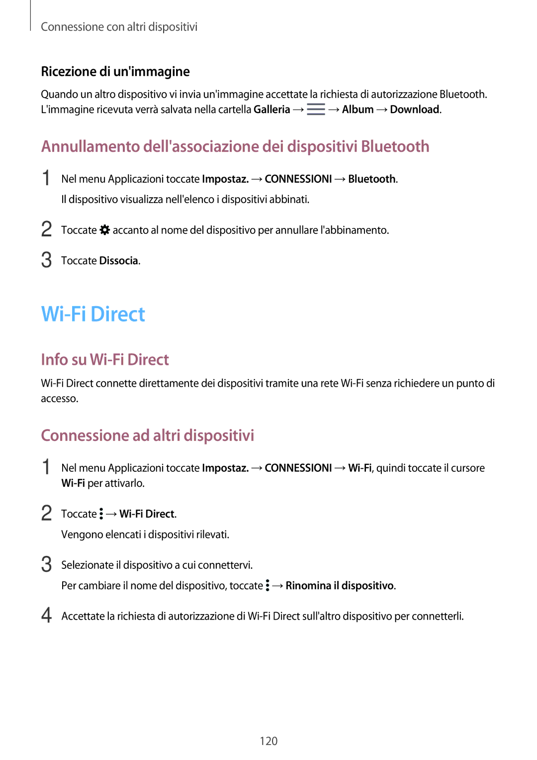 Samsung SM-T805NTSATIM, SM-T805NZWAXEO Annullamento dellassociazione dei dispositivi Bluetooth, Info su Wi-Fi Direct 