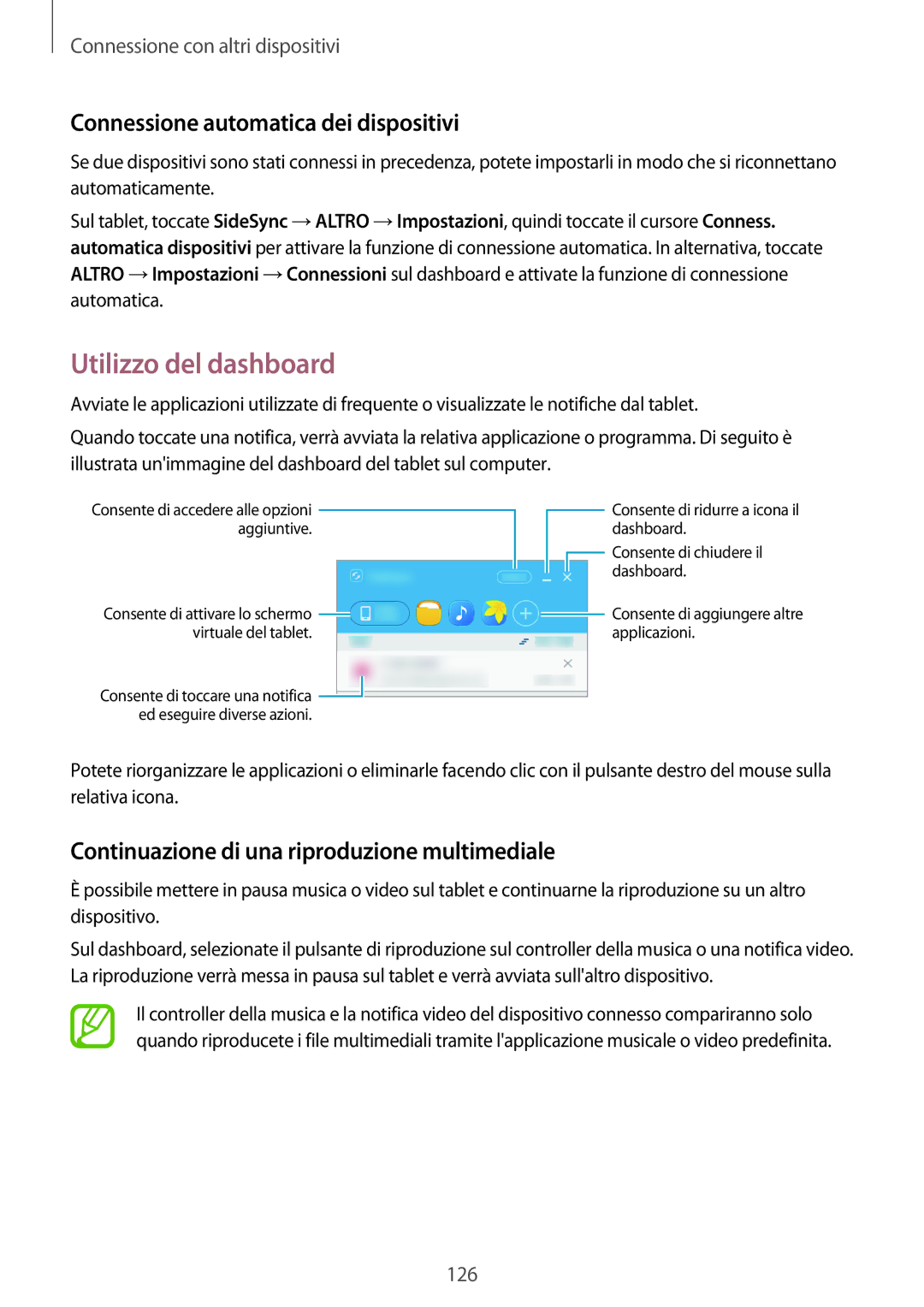 Samsung SM-T705NTSAITV, SM-T805NZWAXEO, SM-T705NZWAXEO manual Utilizzo del dashboard, Connessione automatica dei dispositivi 