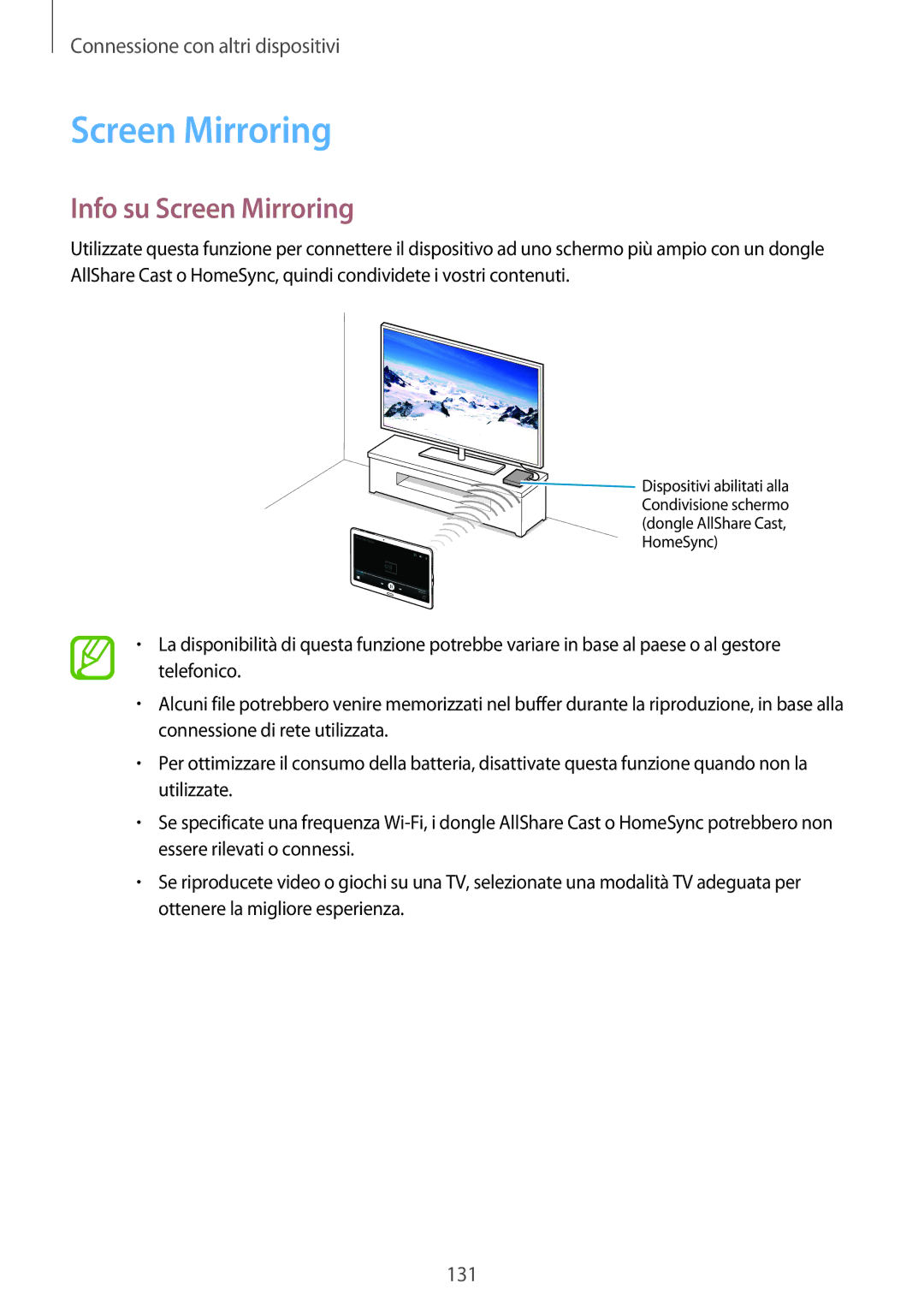 Samsung SM-T805NTSATIM, SM-T805NZWAXEO, SM-T705NZWAXEO, SM-T805NTSAITV, SM-T805NZWAITV manual Info su Screen Mirroring 