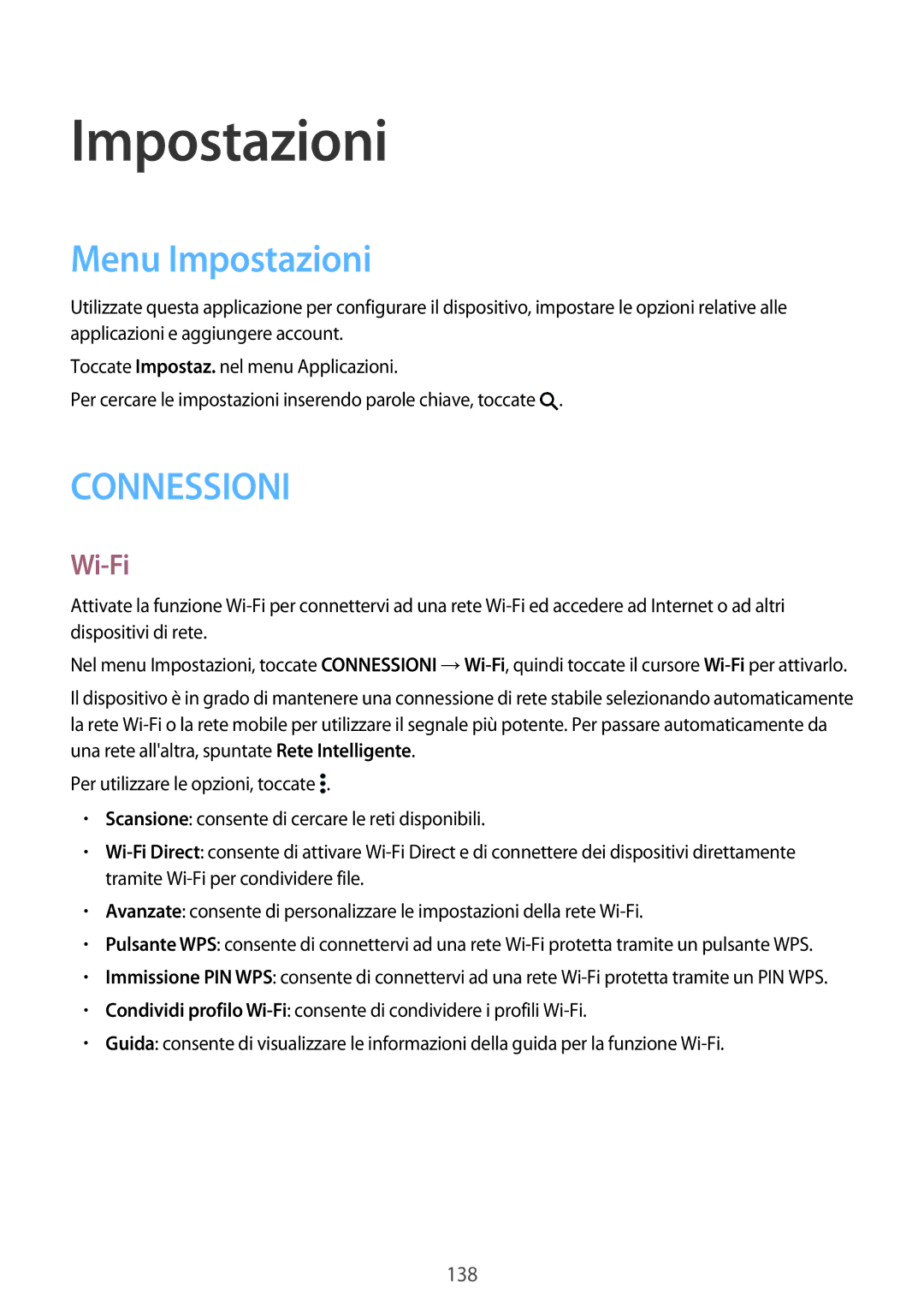 Samsung SM-T705NZWAAUT, SM-T805NZWAXEO, SM-T705NZWAXEO, SM-T805NTSAITV, SM-T805NZWAITV manual Menu Impostazioni, Wi-Fi 