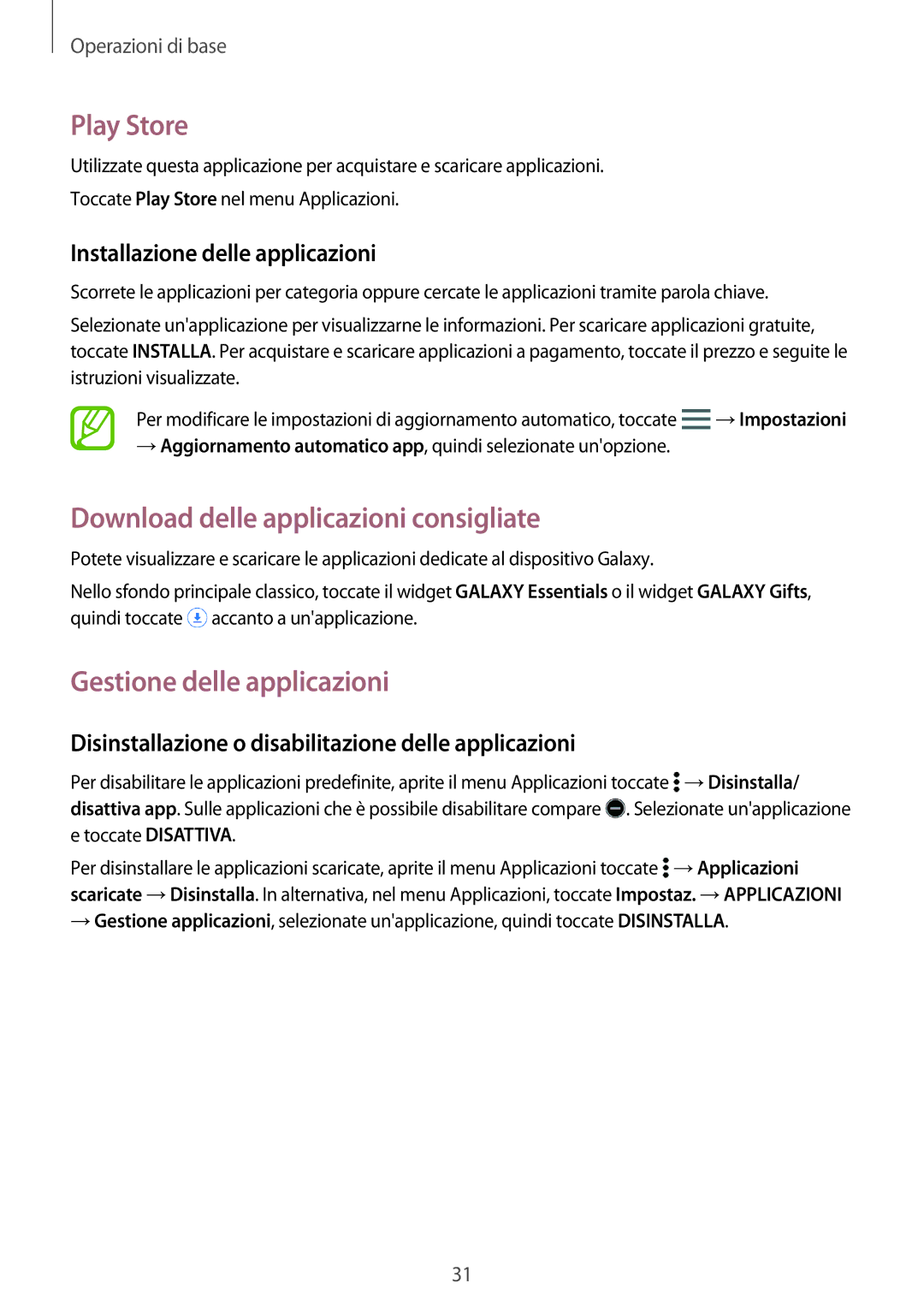 Samsung SM-T705NZWAITV, SM-T805NZWAXEO Play Store, Download delle applicazioni consigliate, Gestione delle applicazioni 