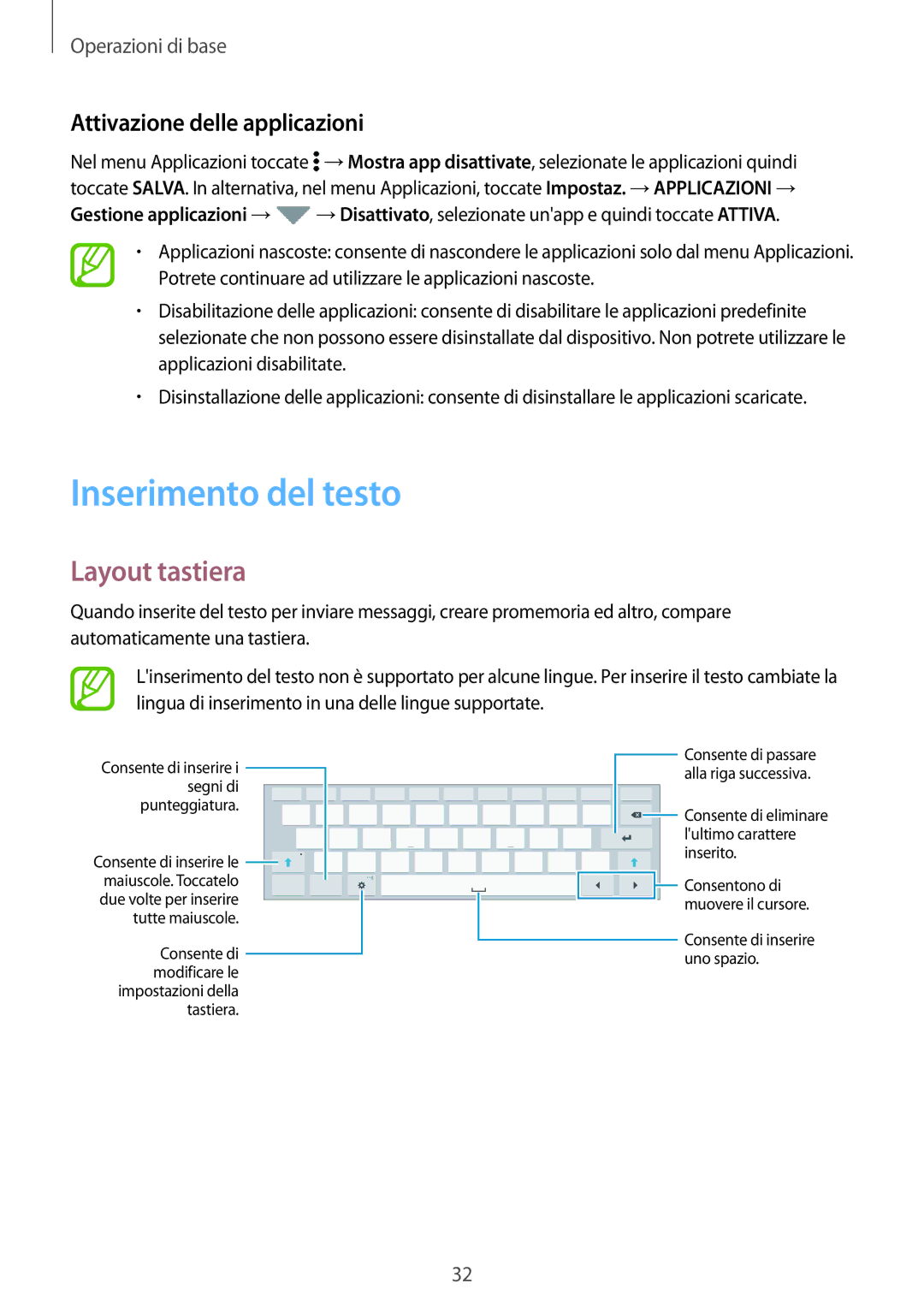 Samsung SM-T805NTSATIM, SM-T805NZWAXEO manual Inserimento del testo, Layout tastiera, Attivazione delle applicazioni 