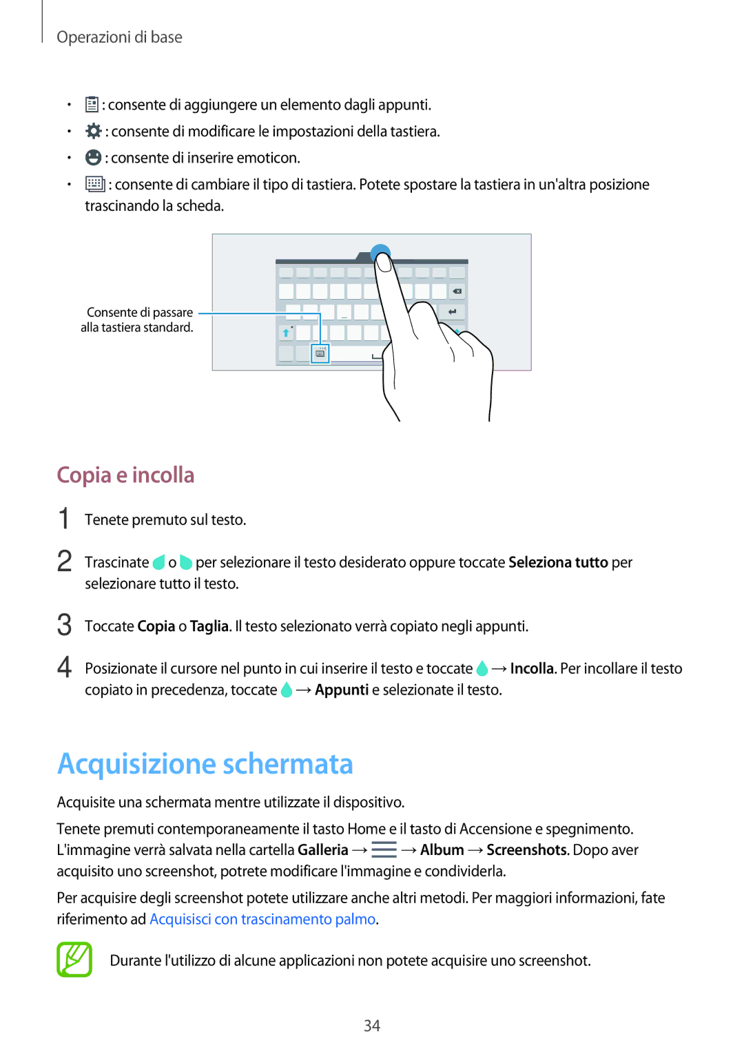 Samsung SM-T705NZWAXEO, SM-T805NZWAXEO, SM-T805NTSAITV, SM-T805NZWAITV manual Acquisizione schermata, Copia e incolla 