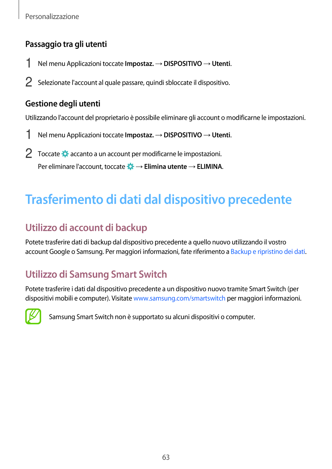 Samsung SM-T805NTSAOMN manual Utilizzo di account di backup, Utilizzo di Samsung Smart Switch, Passaggio tra gli utenti 