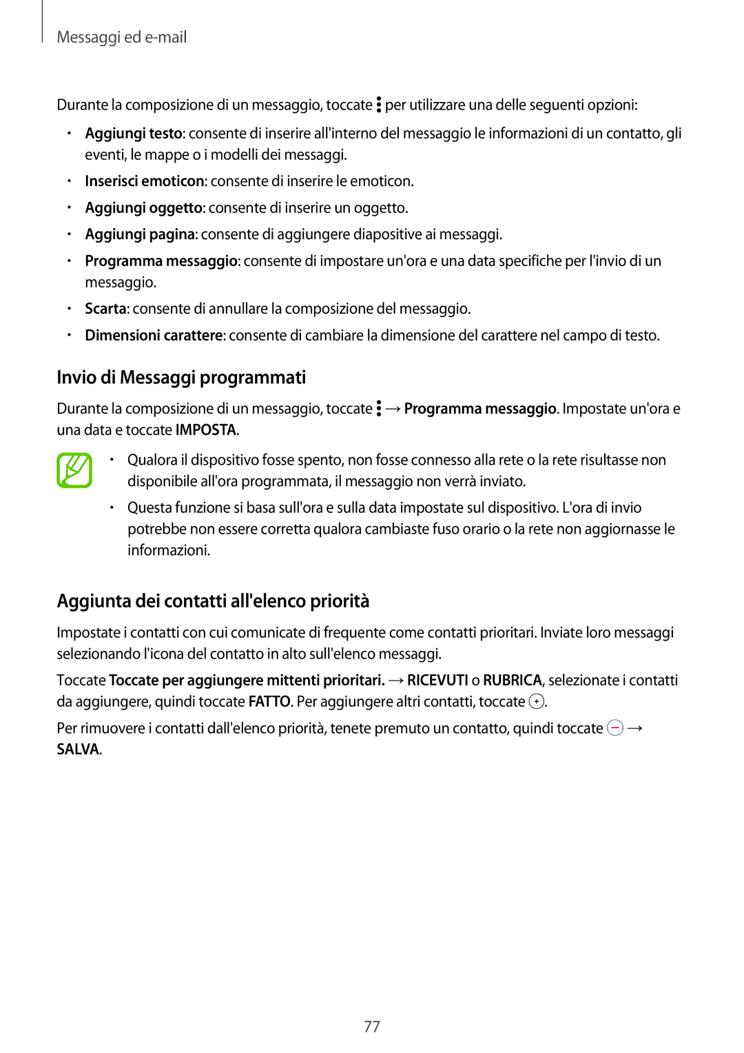 Samsung SM-T805NZWAXEO, SM-T705NZWAXEO manual Invio di Messaggi programmati, Aggiunta dei contatti allelenco priorità 