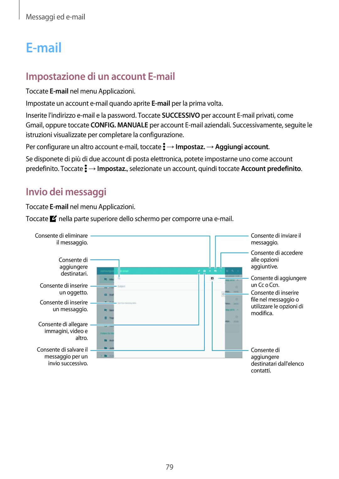 Samsung SM-T805NTSAITV, SM-T805NZWAXEO, SM-T705NZWAXEO, SM-T805NZWAITV manual Mail, Impostazione di un account E-mail 