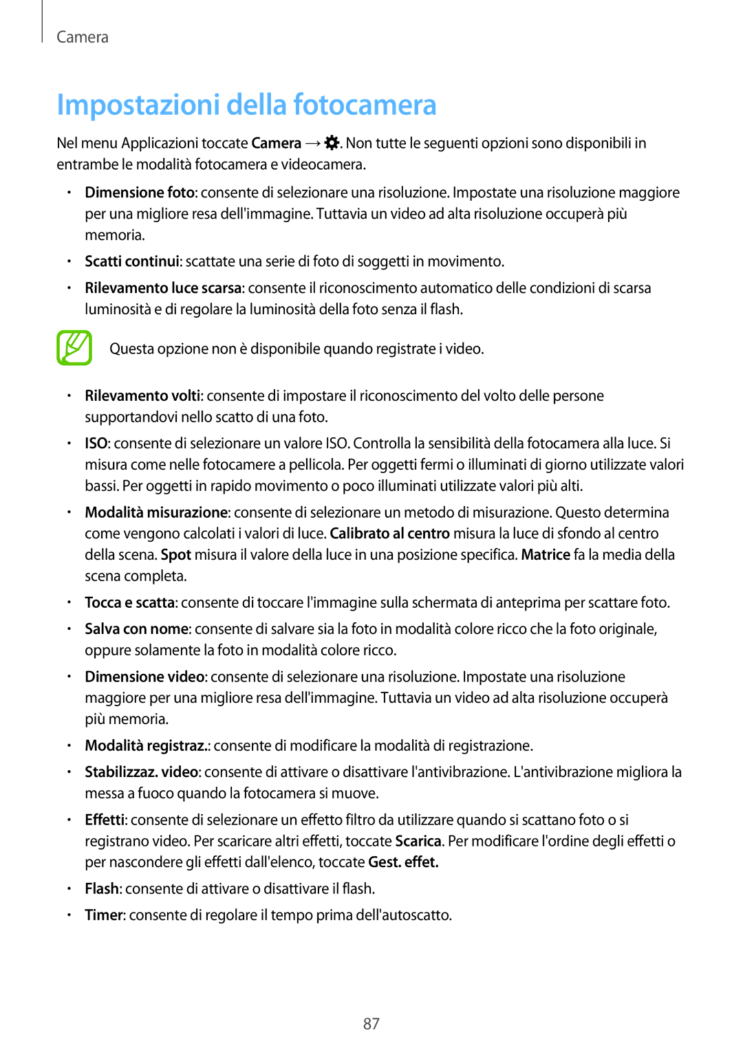 Samsung SM-T805NTSATIM, SM-T805NZWAXEO, SM-T705NZWAXEO, SM-T805NTSAITV, SM-T805NZWAITV manual Impostazioni della fotocamera 