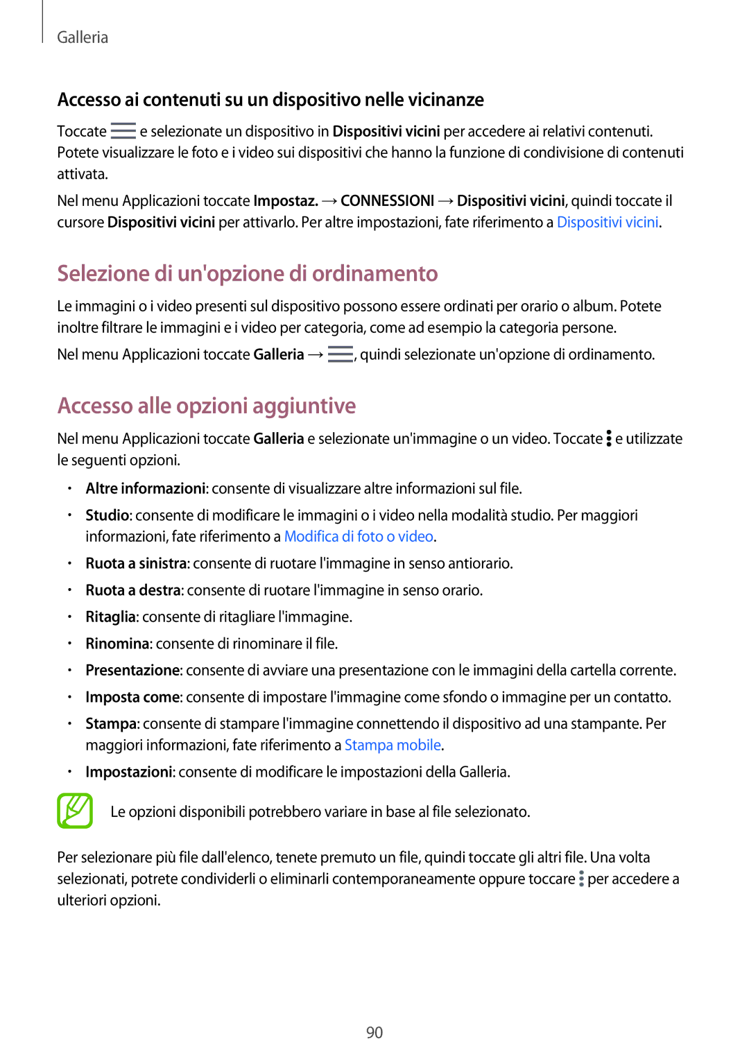 Samsung SM-T805NTSAITV, SM-T805NZWAXEO manual Selezione di unopzione di ordinamento, Accesso alle opzioni aggiuntive 