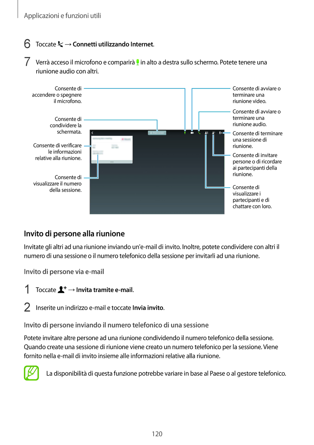 Samsung SM-T805NZWAXEO, SM-T805NTSAITV manual Invito di persone alla riunione, Toccate →Connetti utilizzando Internet 