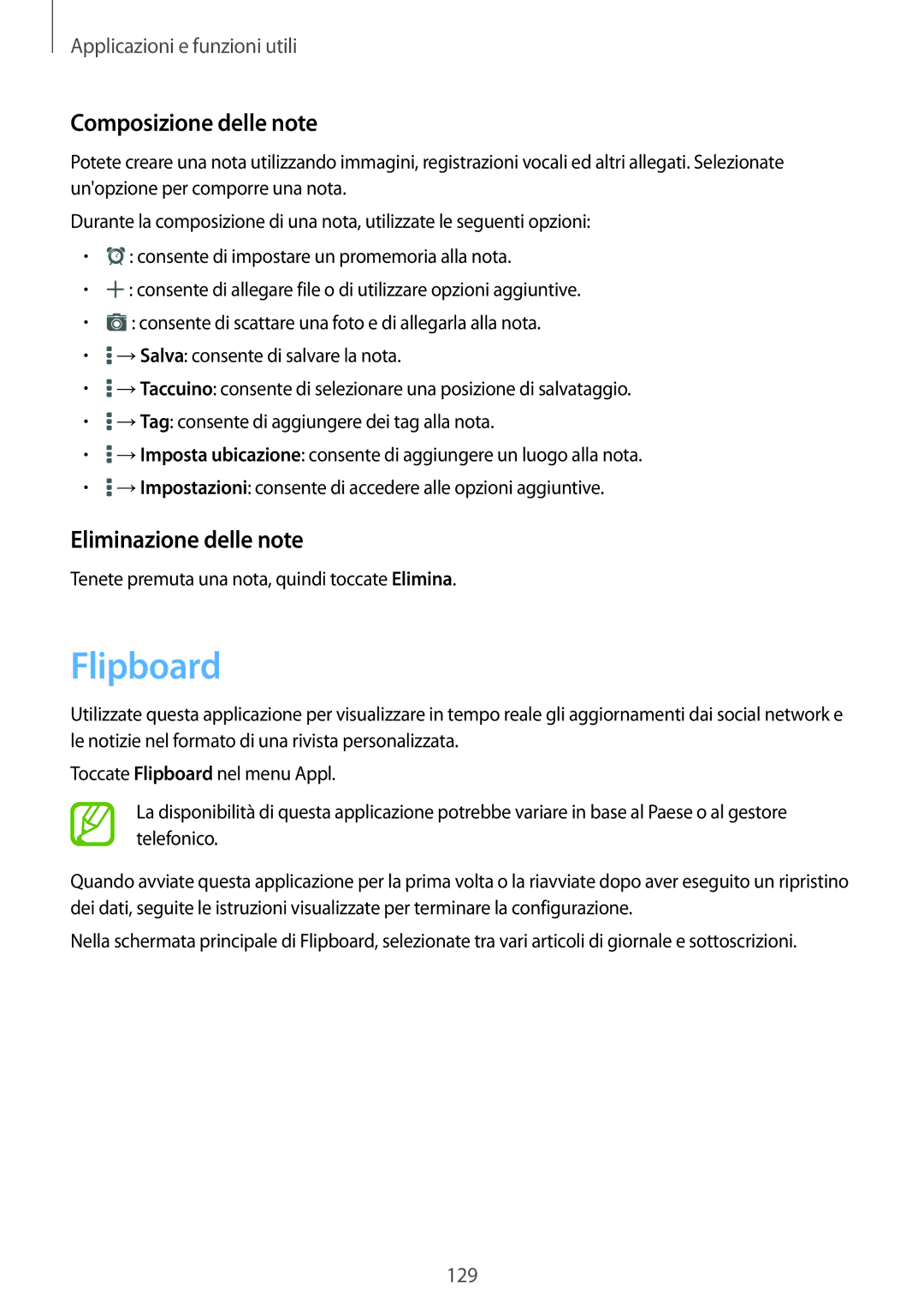 Samsung SM-T805NZWAHUI, SM-T805NZWAXEO, SM-T805NTSAITV manual Flipboard, Composizione delle note, Eliminazione delle note 