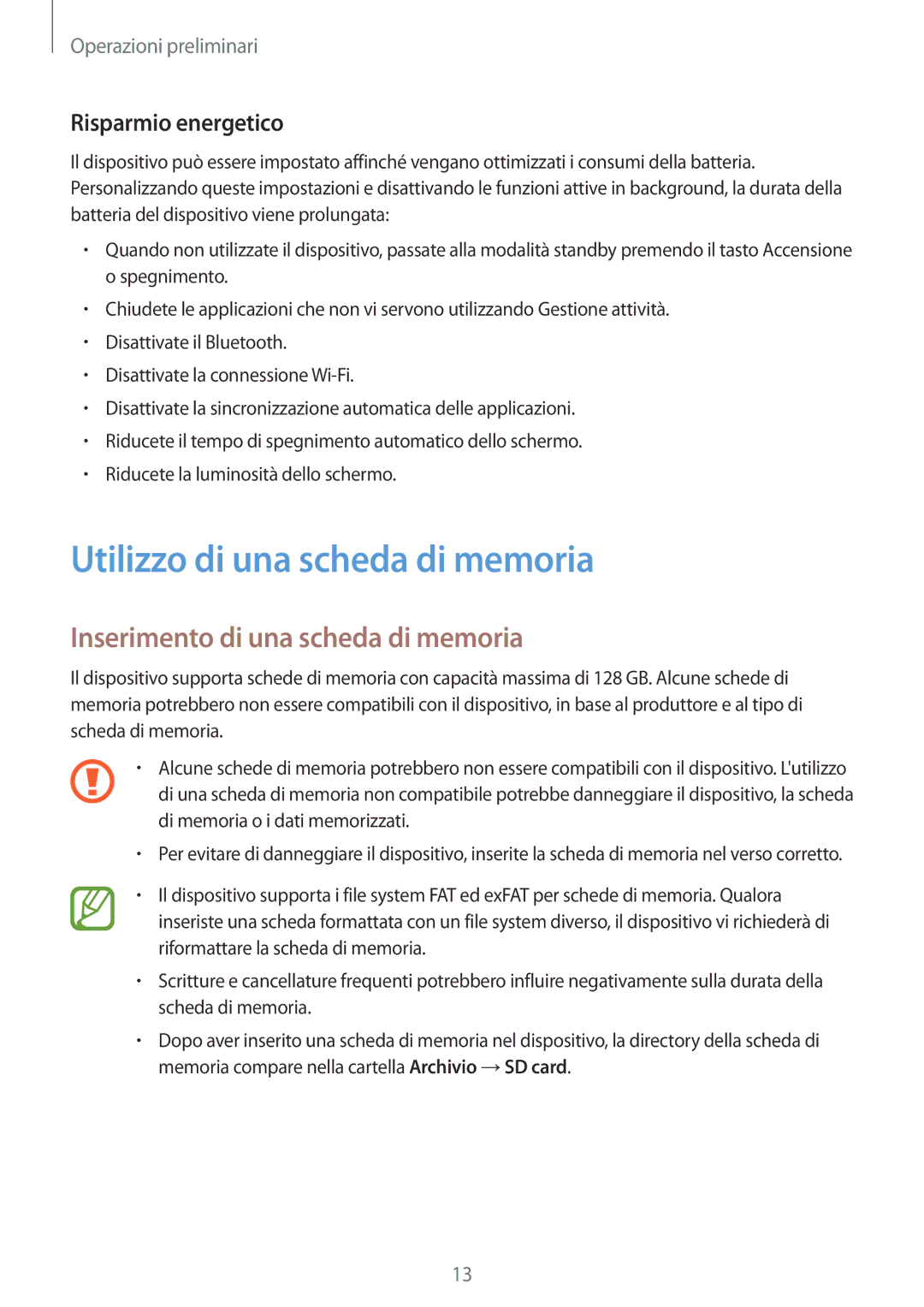 Samsung SM-T805NTSAITV manual Utilizzo di una scheda di memoria, Inserimento di una scheda di memoria, Risparmio energetico 