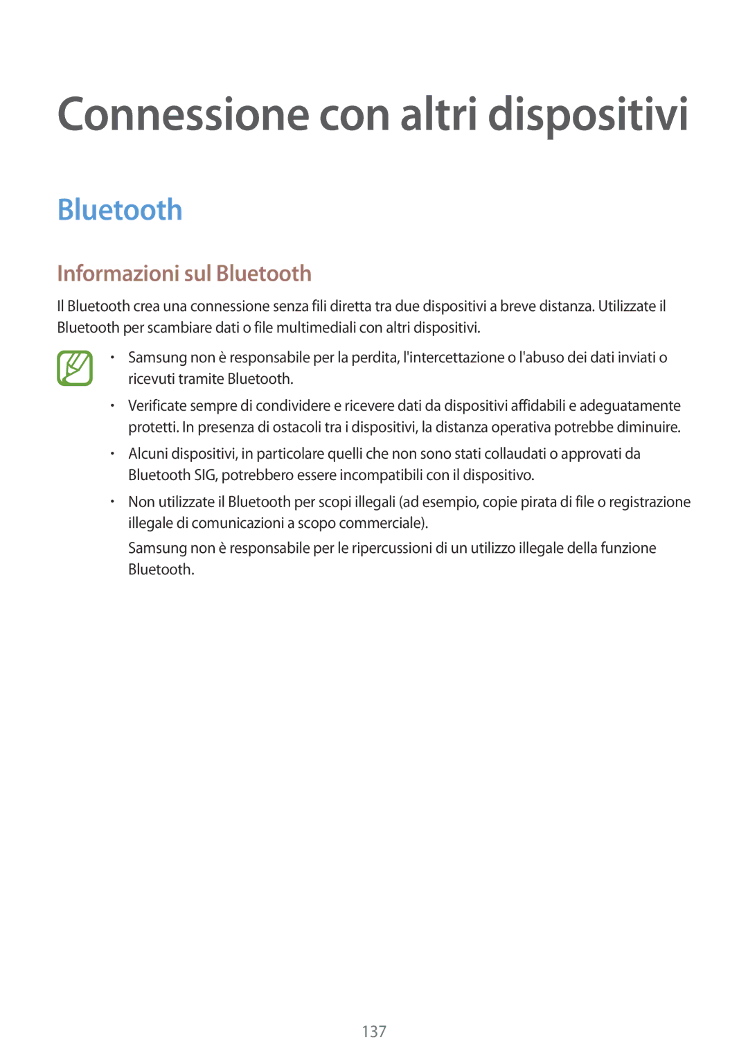 Samsung SM-T805NTSATIM, SM-T805NZWAXEO, SM-T805NTSAITV, SM-T805NZWAITV, SM-T805NZWAHUI manual Informazioni sul Bluetooth 