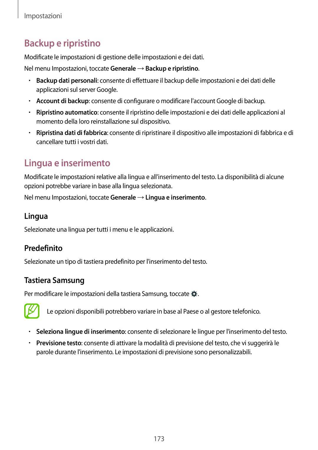 Samsung SM-T805NTSATIM, SM-T805NZWAXEO manual Backup e ripristino, Lingua e inserimento, Predefinito, Tastiera Samsung 