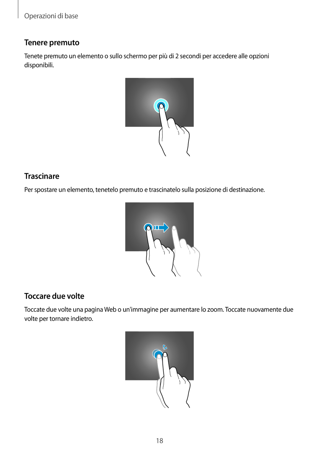 Samsung SM-T805NZWAXEO, SM-T805NTSAITV, SM-T805NZWAITV, SM-T805NZWAHUI manual Tenere premuto, Trascinare, Toccare due volte 