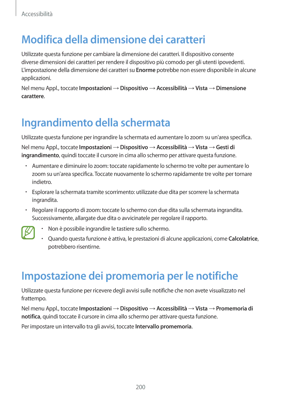 Samsung SM-T805NZWAITV, SM-T805NZWAXEO manual Modifica della dimensione dei caratteri, Ingrandimento della schermata 