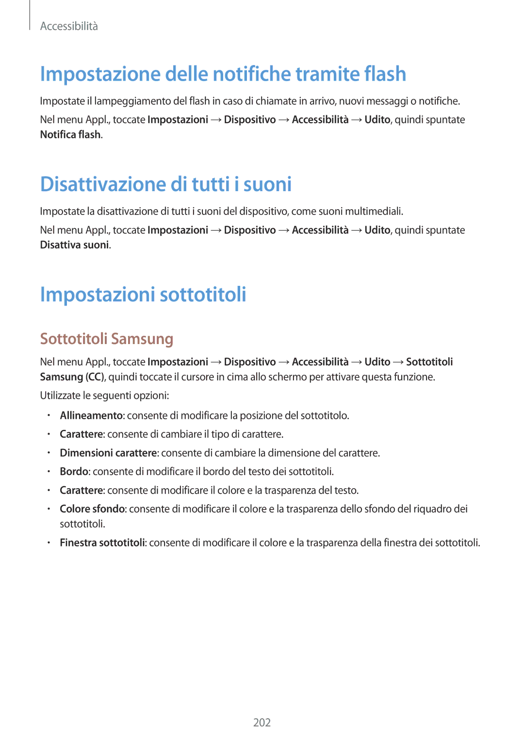 Samsung SM-T805NTSAOMN Impostazione delle notifiche tramite flash, Disattivazione di tutti i suoni, Sottotitoli Samsung 