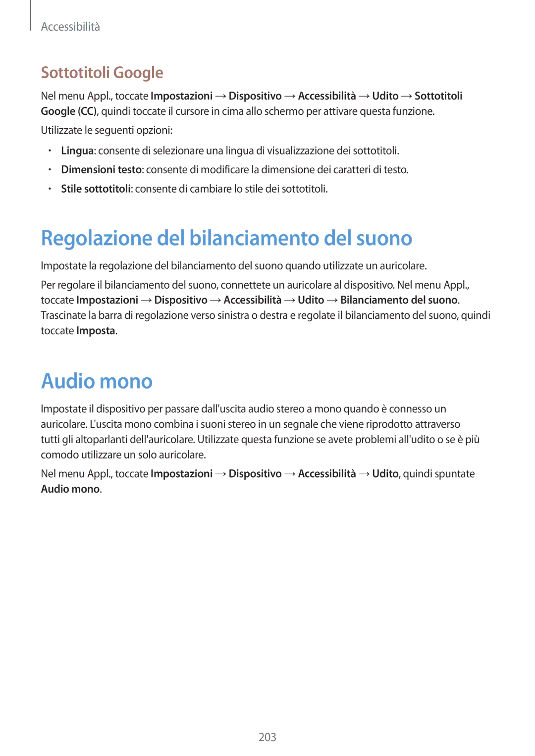 Samsung SM-T805NTSATIM, SM-T805NZWAXEO manual Regolazione del bilanciamento del suono, Audio mono, Sottotitoli Google 