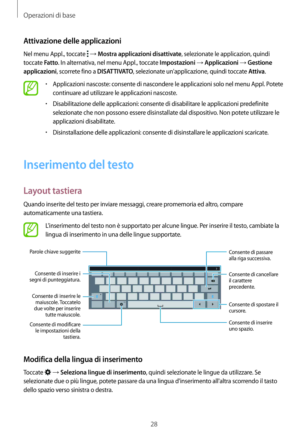 Samsung SM-T805NTSAOMN, SM-T805NZWAXEO manual Inserimento del testo, Layout tastiera, Attivazione delle applicazioni 