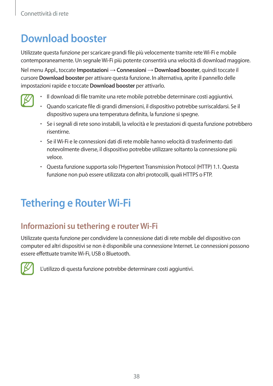 Samsung SM-T805NZWAITV manual Download booster, Tethering e Router Wi-Fi, Informazioni su tethering e router Wi-Fi 