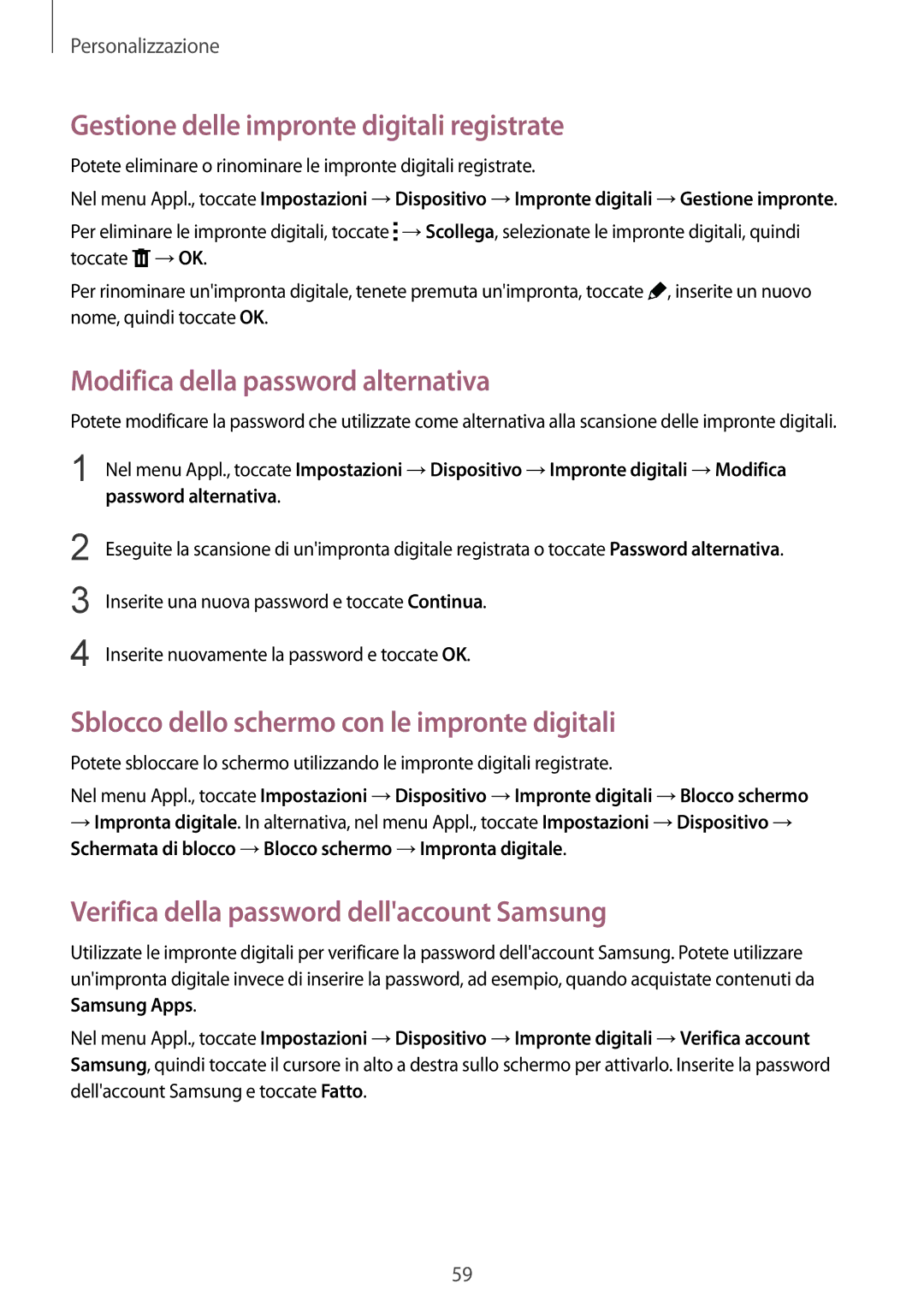 Samsung SM-T805NTSATIM, SM-T805NZWAXEO Gestione delle impronte digitali registrate, Modifica della password alternativa 