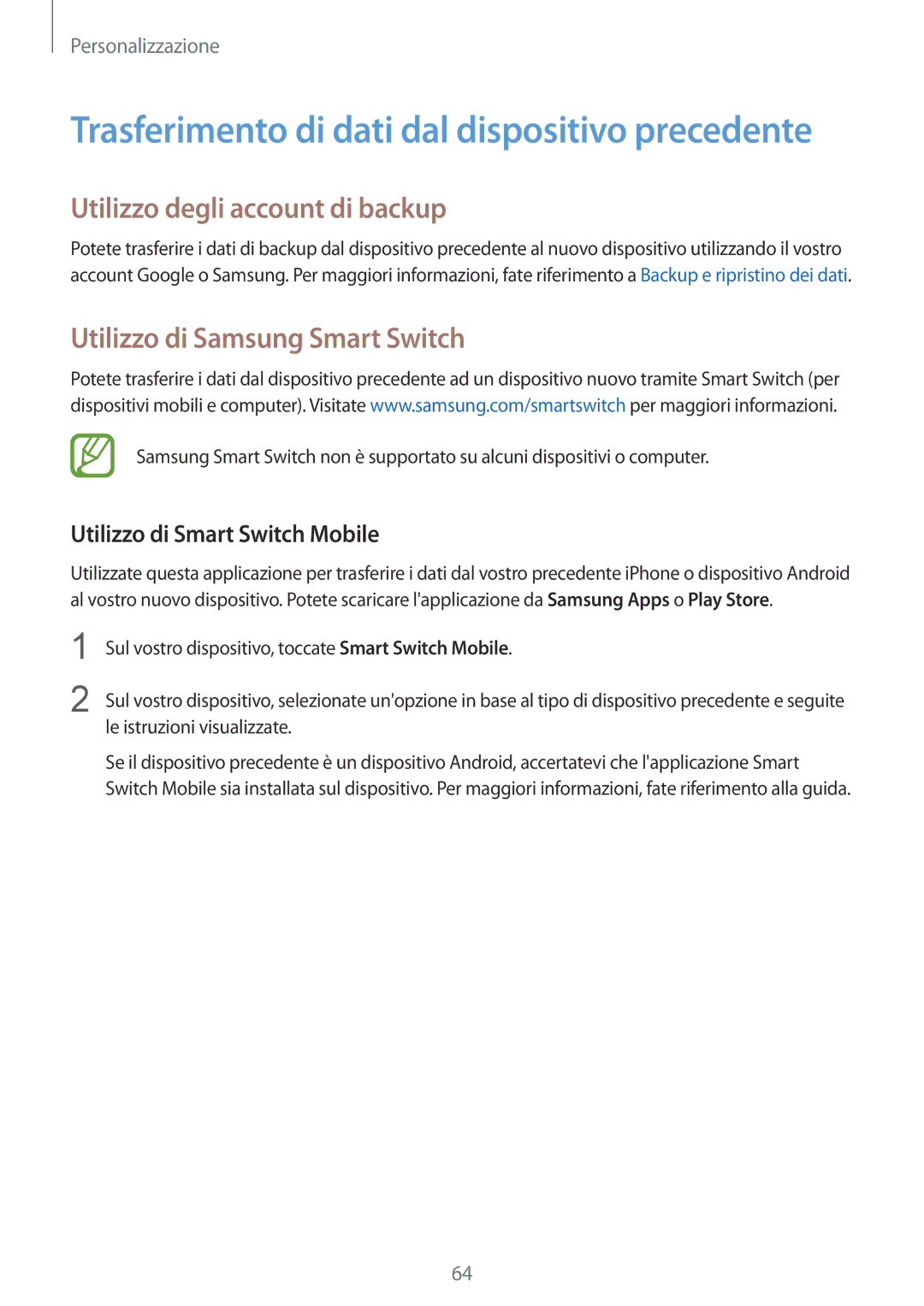 Samsung SM-T805NTSAOMN Utilizzo degli account di backup, Utilizzo di Samsung Smart Switch, Utilizzo di Smart Switch Mobile 