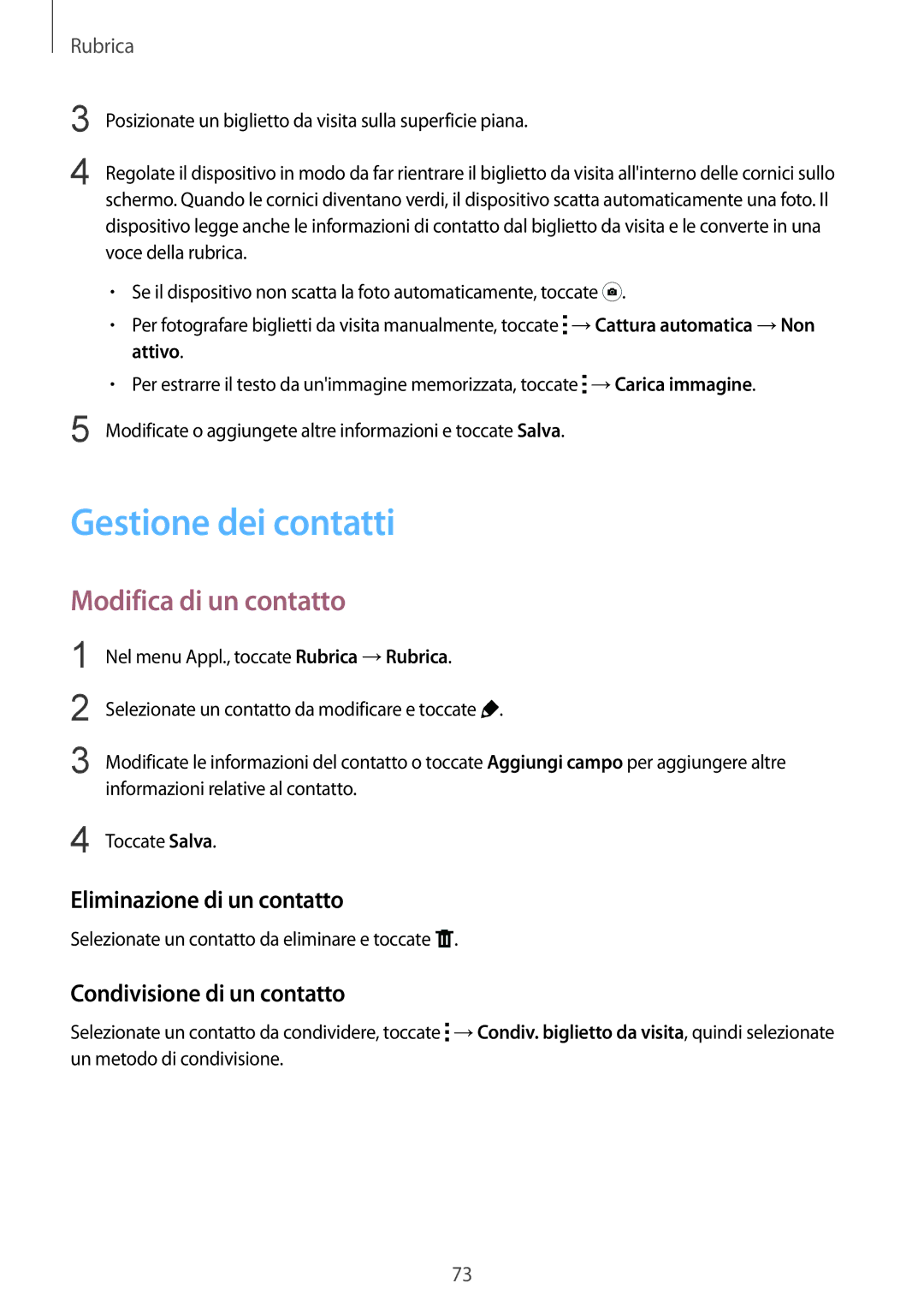 Samsung SM-T805NTSAITV, SM-T805NZWAXEO manual Gestione dei contatti, Modifica di un contatto, Eliminazione di un contatto 