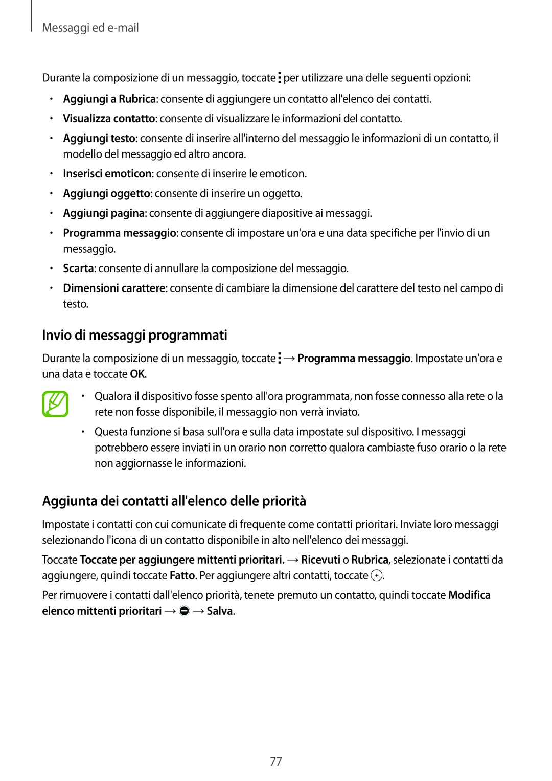 Samsung SM-T805NTSATIM, SM-T805NZWAXEO manual Invio di messaggi programmati, Aggiunta dei contatti allelenco delle priorità 