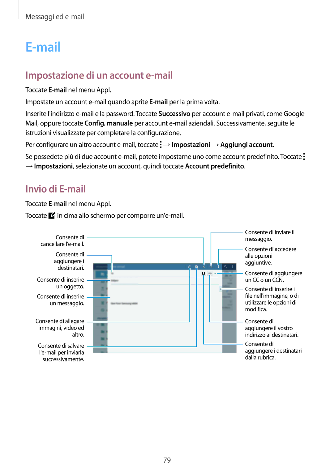 Samsung SM-T805NTSAITV, SM-T805NZWAXEO, SM-T805NZWAITV manual Mail, Impostazione di un account e-mail, Invio di E-mail 